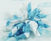 Korker Hair Bow Blue and white curly/pom pom hair bow