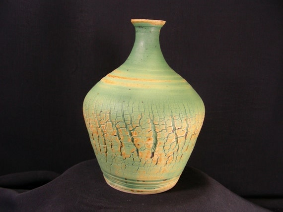 ChingWenArts Studio Pottery Stoneware Vase Pot, Patina Green brown, Signed, V5362