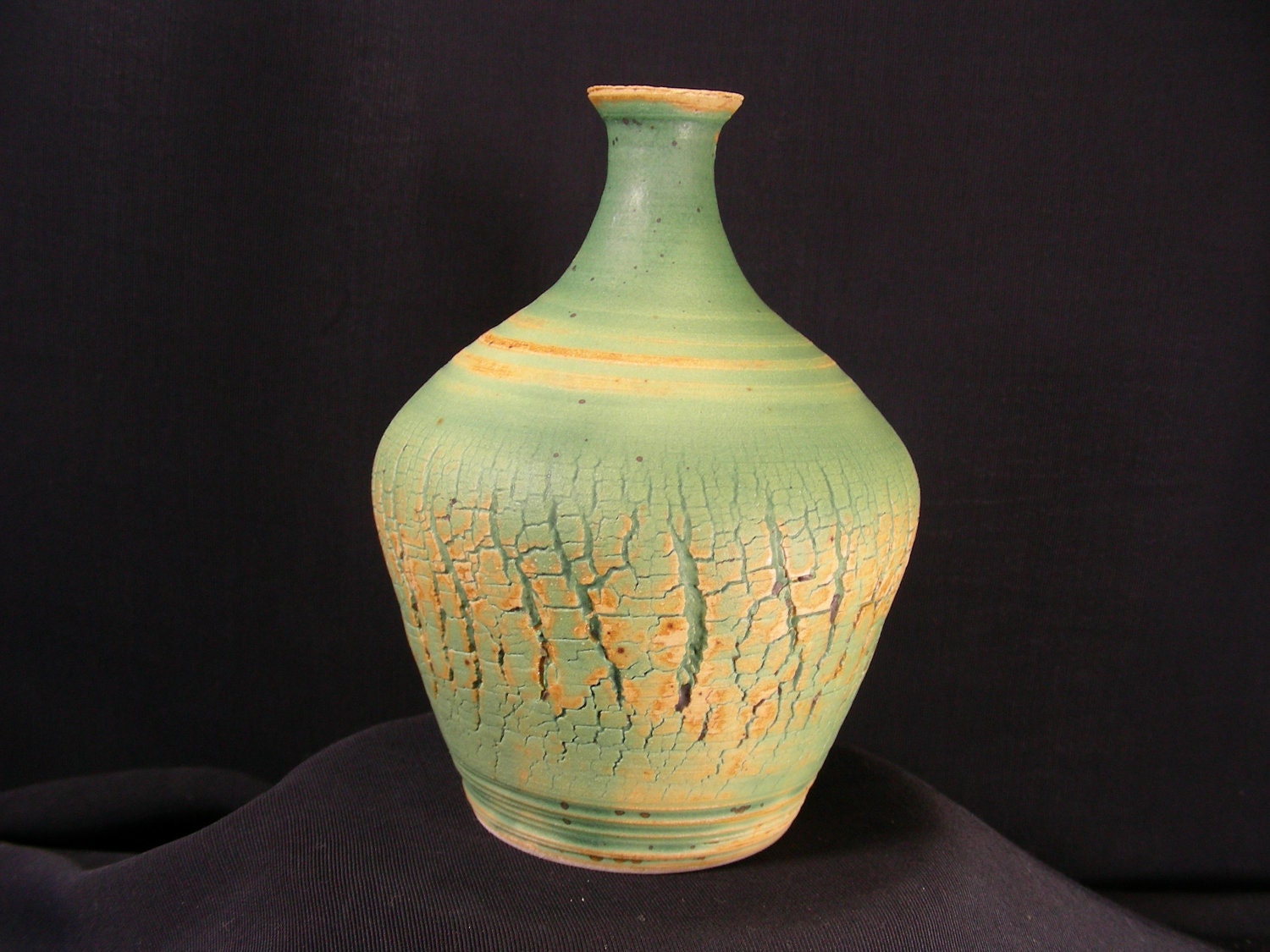 ChingWenArts Studio Pottery Stoneware Vase Pot, Patina Green brown, Signed, V5362