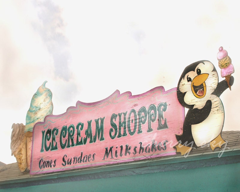 Ice Cream Shoppe - Carnival County Fair Midway Shop Sign Penguin Fun Sweet Adorable Kitchen Girls Room Nursery Decor 8x10 Photograph