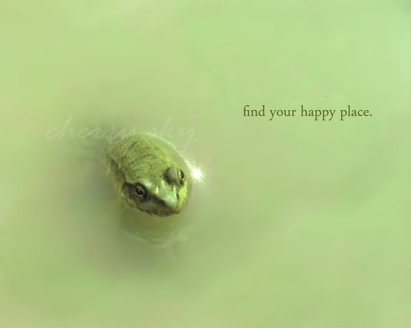 Find Your Happy Place - Minty Green Frog Toad Puddle Inspirational Quote Cute Kids Wall Art Teen Gift Nursery Decor Pond 8x10 Photograph