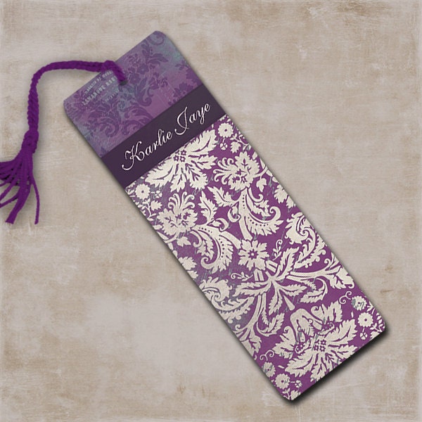 Purple eggplant damask metal bookmark, monogram personalized bookmark monogrammed book mark (9698)