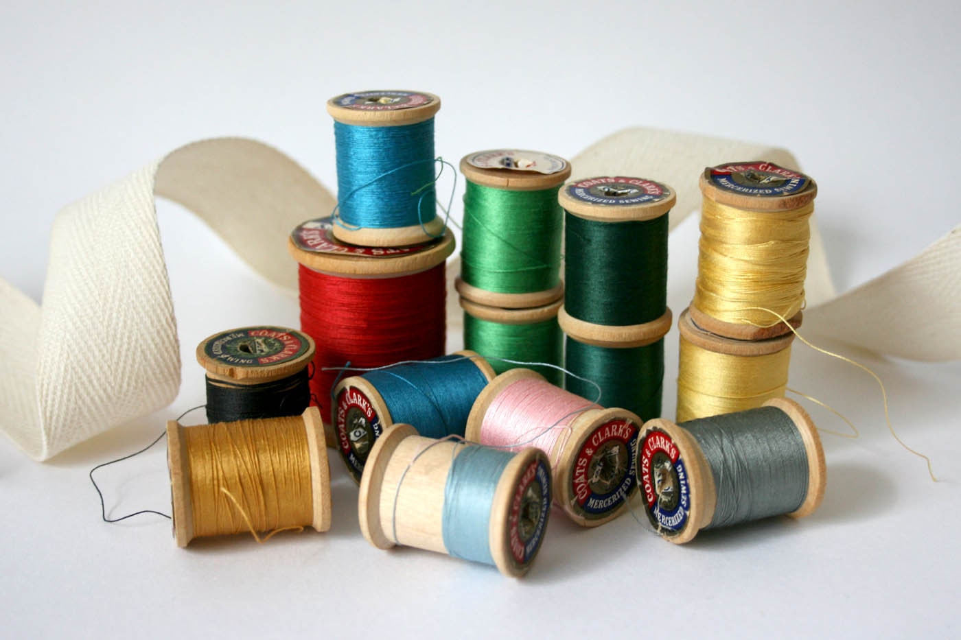 Vintage Wood thread Spools - blue yellow green red pink