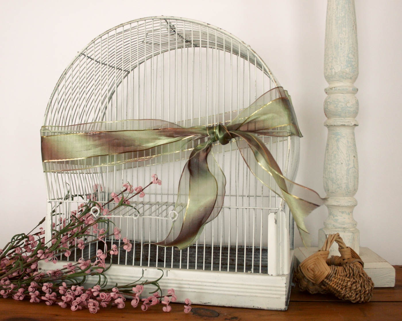 Vintage White Metal Birdcage - shabby chic french country home decor