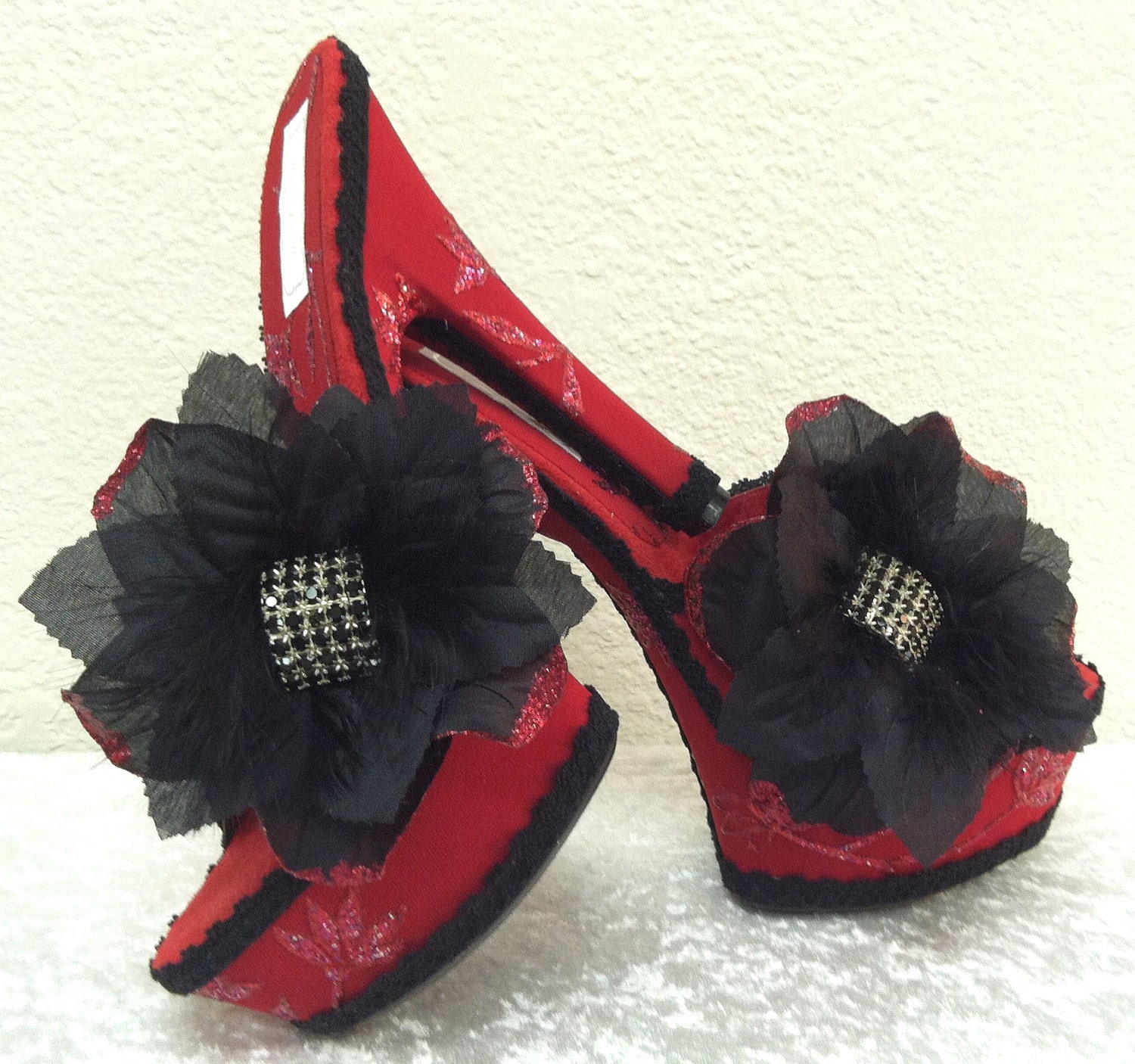 Sexy Red & Black Platform With Black Crystal Flower