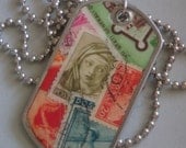 Necklace Italy Vintage Postage Stamp Collage Dog Tag, Italian, Roman, Unisex