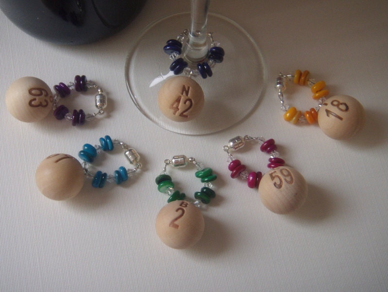 Magnetic Wine Charms SALE BINGO Multicolor Shell Bead and Swarovski Crystal With Magnetic Closure Set of 6