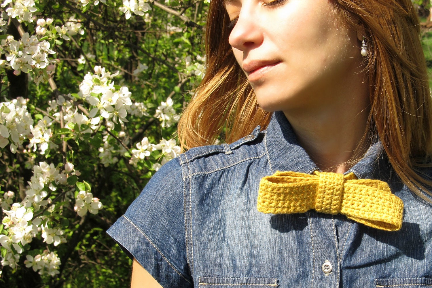 Yellow mustard bow tie / Crochet woman necktie / Big Bow fashion accessory for woman or kid europeanstreetteam