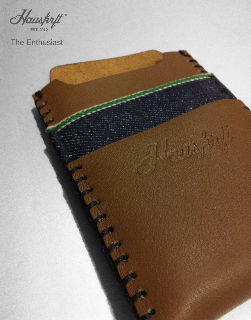 ON SALE The Enthusiast iphone 4 genuine leather/Italian Candiani green selvage denim sleeve wallet