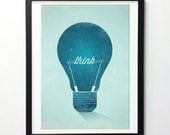 Think Graphic Wall decor poster - Vintage Light Bulb typographic art print A3
