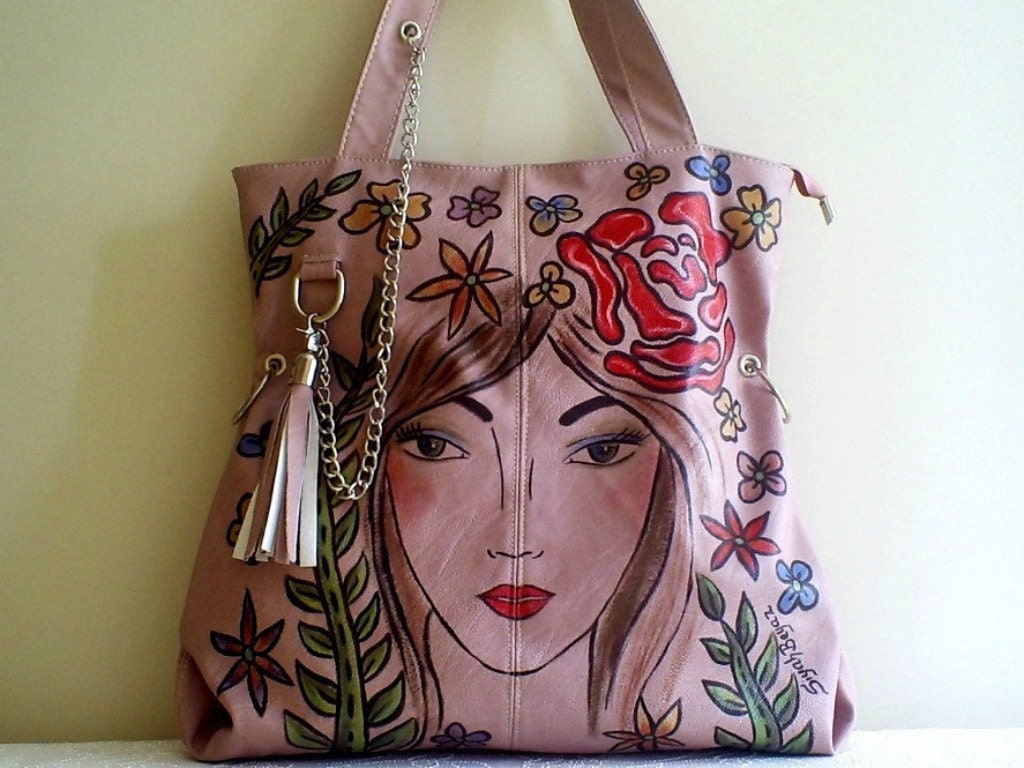 KYBELE Faux leather shopper ,hand painted tote, salmon pink bag