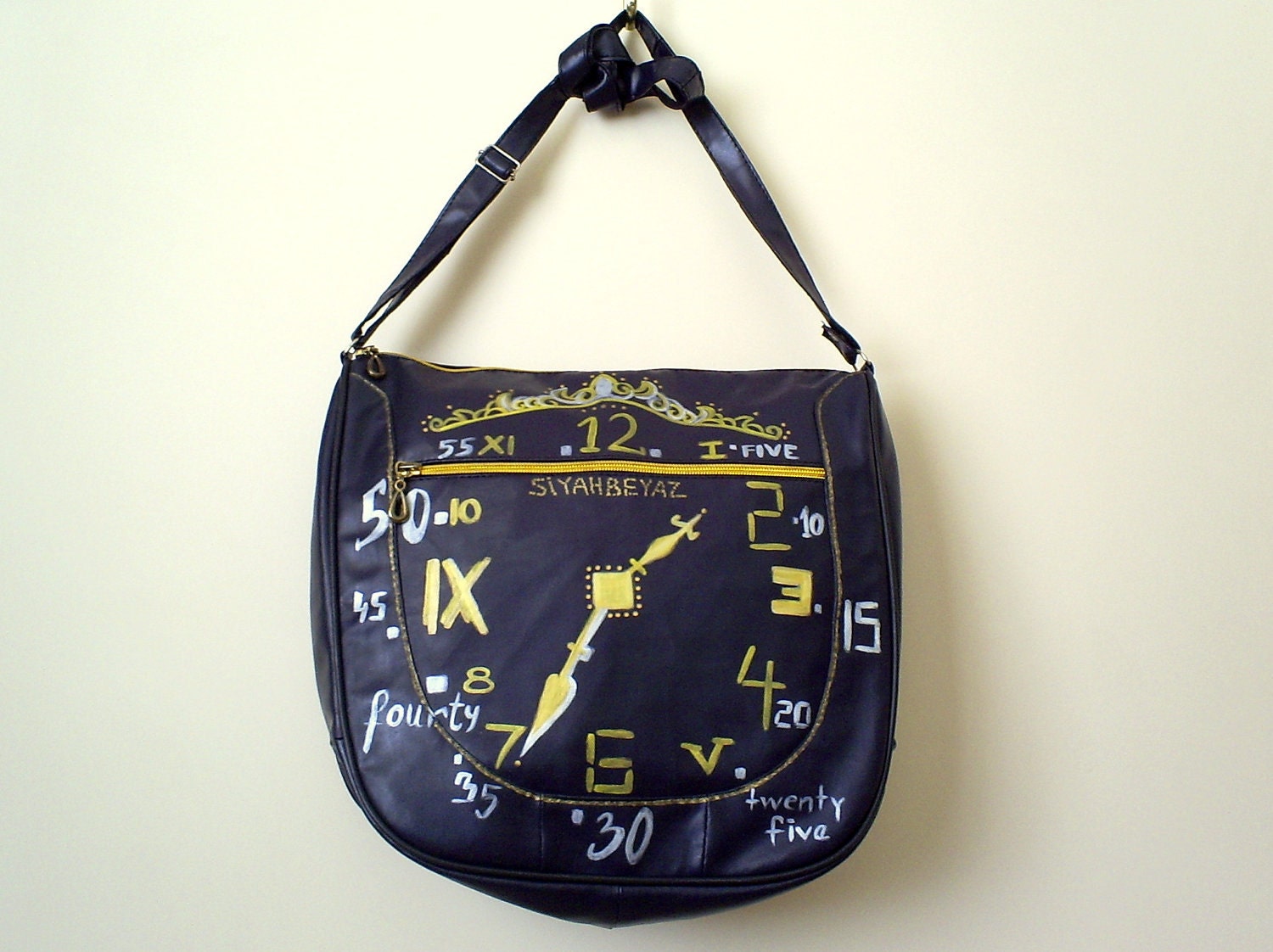 SALE Cross body bag ,dark blue vinyl messenger bag, hand painted THE CLOCK