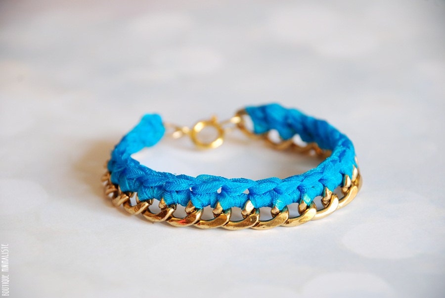 Gold and Neon Turquoise Braided Chain Bracelet