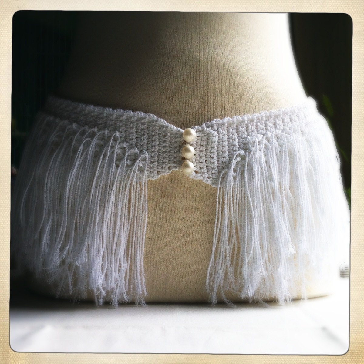 Handmade White fringe crochet belt -