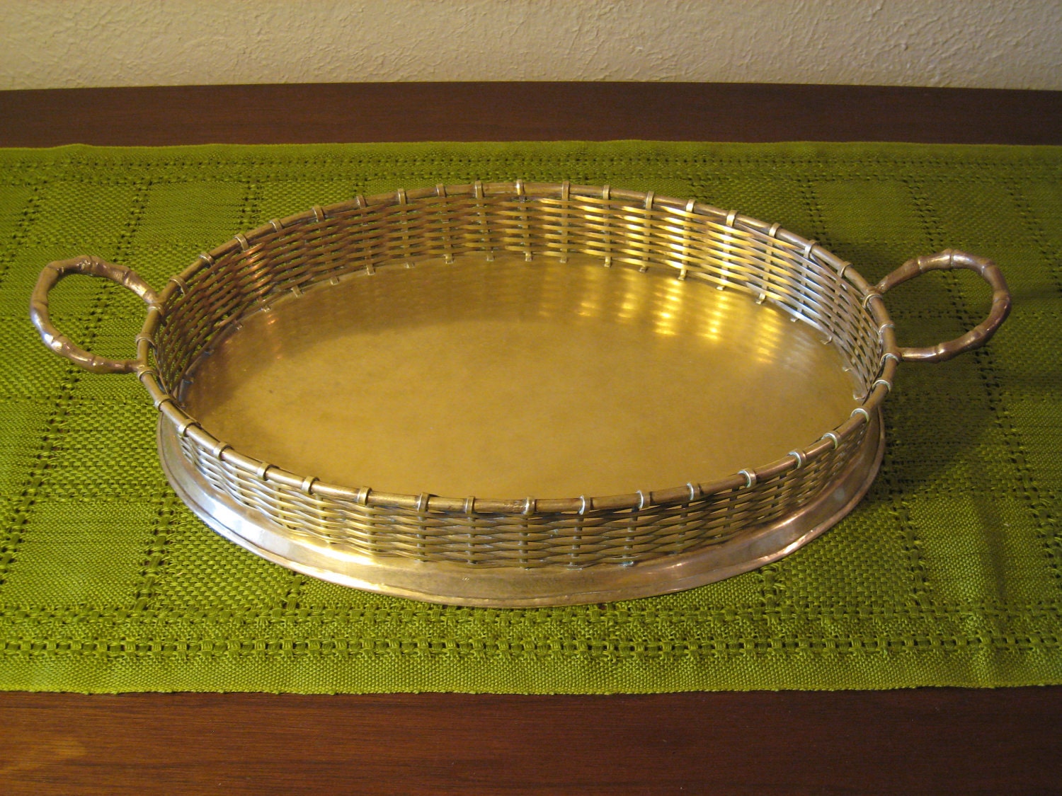 Vintage Hollywood Regency Woven Brass Faux Bamboo Handled Gallery Tray - Oval Shape