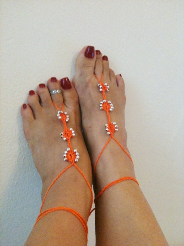 Orange  Barefoot Sandals with silvery   bead, Nude shoes, Foot jewelry, Wedding, Victorian Lace, Sexy, Lolita, Yoga, Anklet,gypsy sandals
