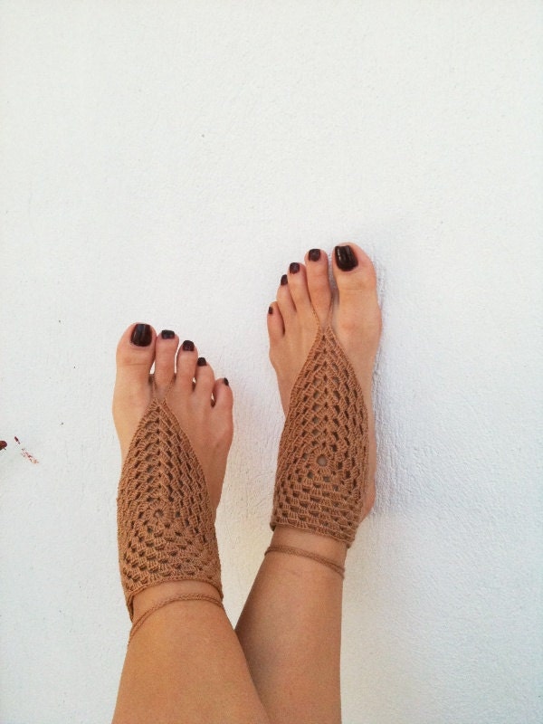 Brown  Barefoot Sandals, Nude shoes, Foot jewelry, Wedding, Victorian Lace, Sexy, Lolita, Yoga, Anklet