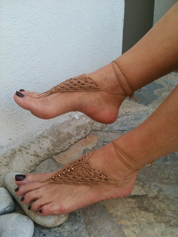 Brown Barefoot Sandals, Nude shoes, Foot jewelry, Wedding, Victorian Lace, Sexy, Lolita, Yoga, Anklet