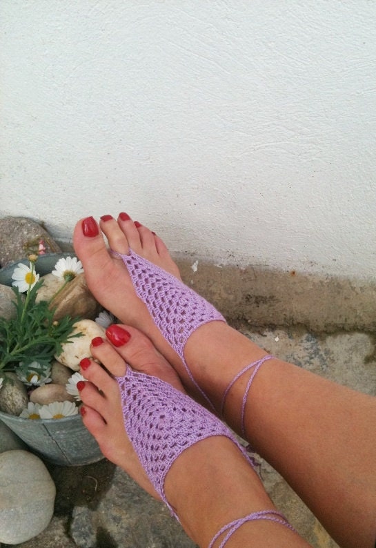 Lilac Barefoot Sandals, Nude shoes, Foot jewelry, Wedding, Victorian Lace, Sexy, Lolita, Yoga, Anklet