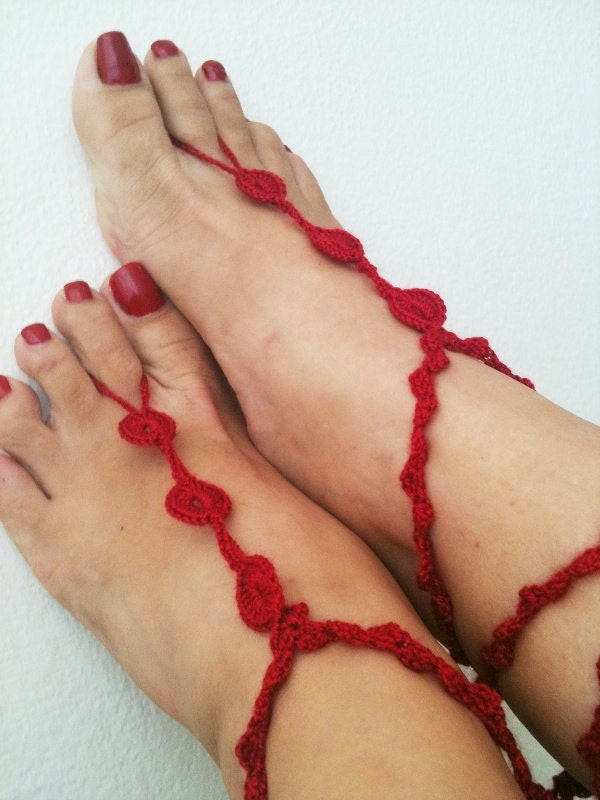Red   Barefoot Sandals, Nude shoes, Foot jewelry, Wedding, Victorian Lace, Sexy, Lolita, Yoga, Anklet