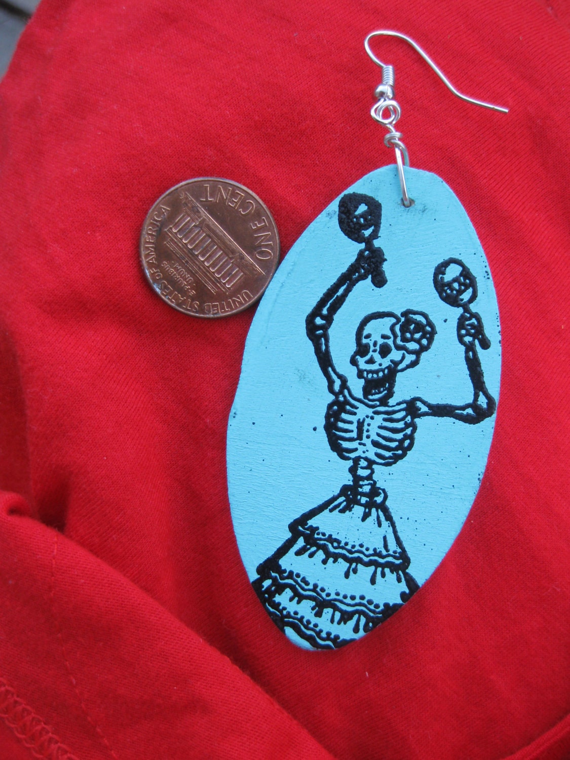 Ballet folklorico calavera with maracas turquoise earrings