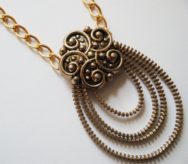 Golden Zipper Necklace with Large Flower Vintage Button