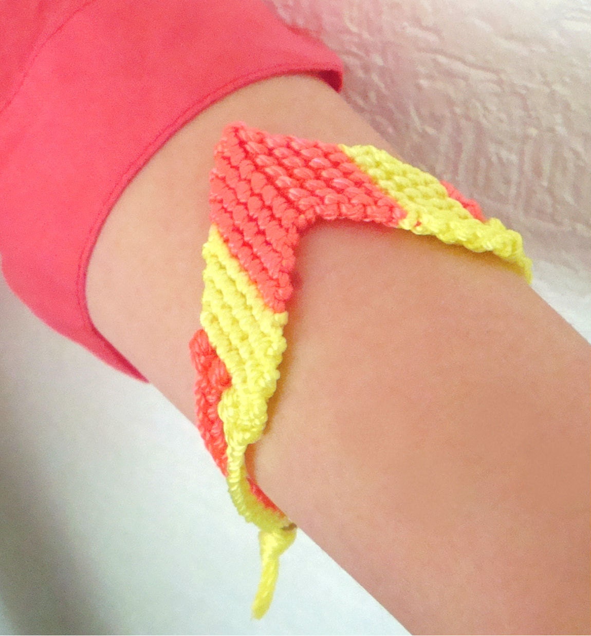 Neon Bracelet Yellow and Coral Aztec Colorblock Tribal Bracelet