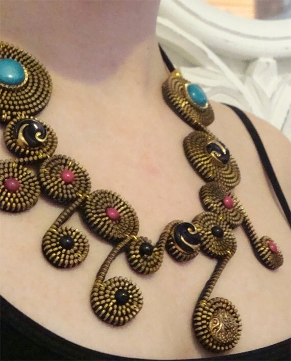 Dark Golden Zipper Bib Necklace with Vintage buttons - Zipper necklace