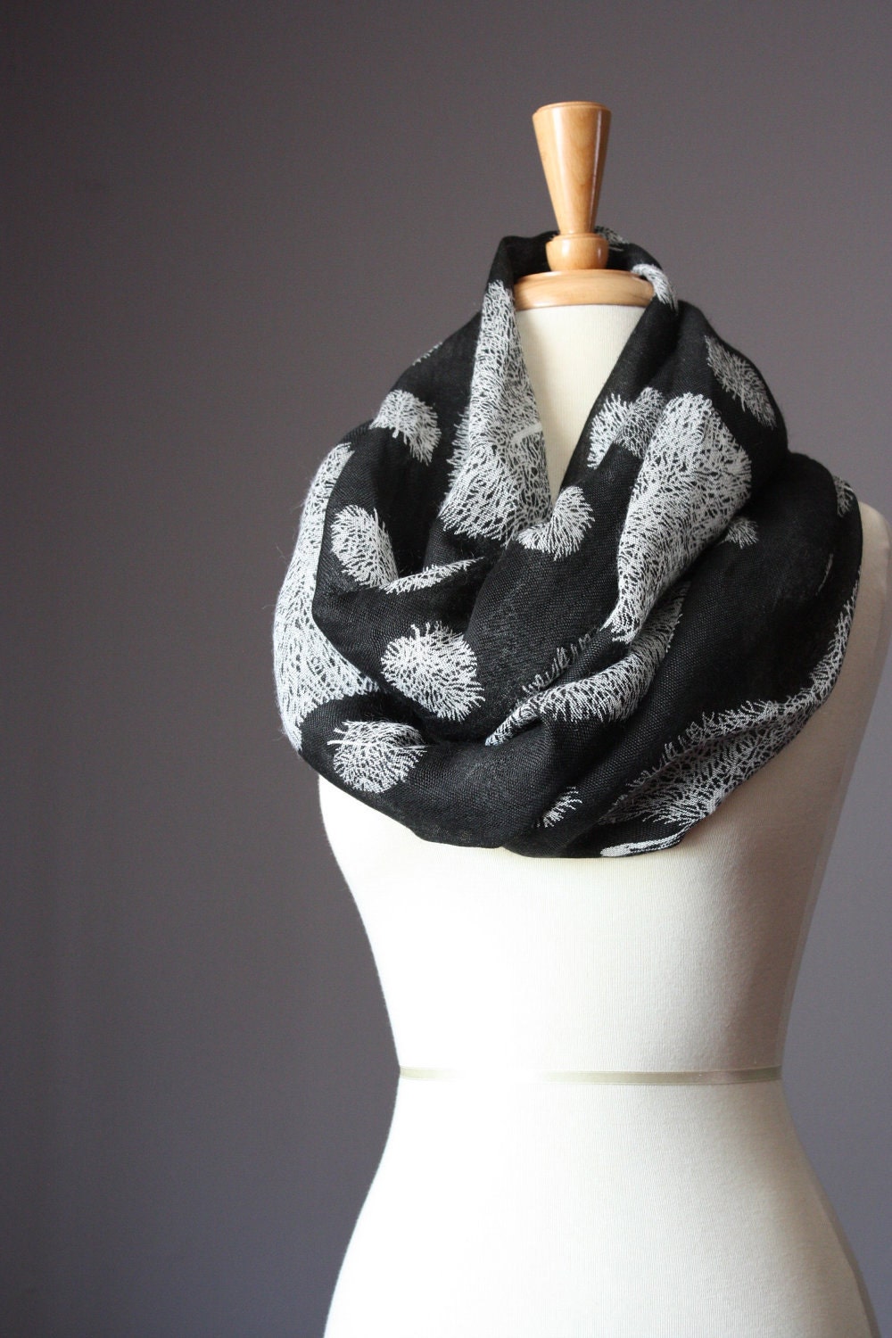 Eco Infinity Scarf Linen / Cotton Floral Print black white gauze summer spring light loop tube soft