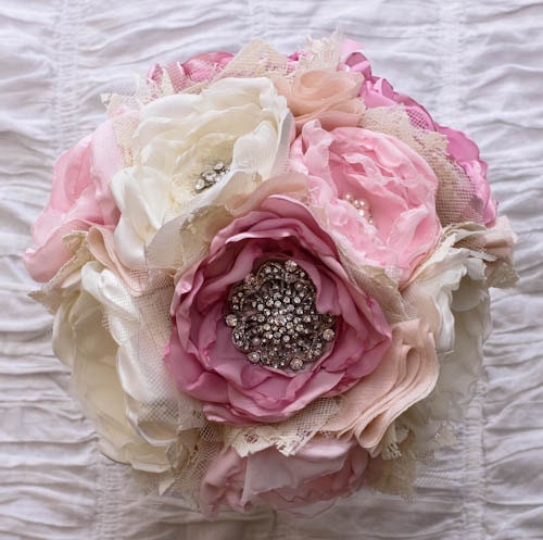 SOLD Custom Order: Ivory and Pink,  Fabric Wedding Bouquet, with brooches - Sample