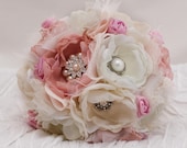 SOLD Custom Order: Fabric Flower Wedding Bouquet, with brooches - Sample  for Larabeth