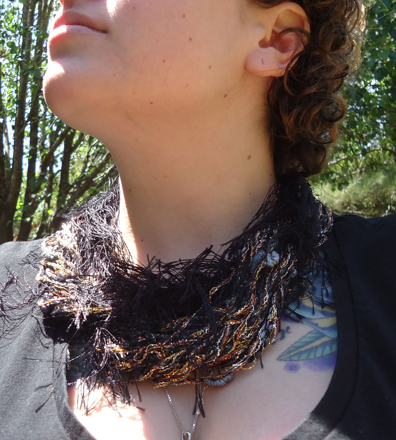 1980s Black and Metallic Fringe Scarf Necklace