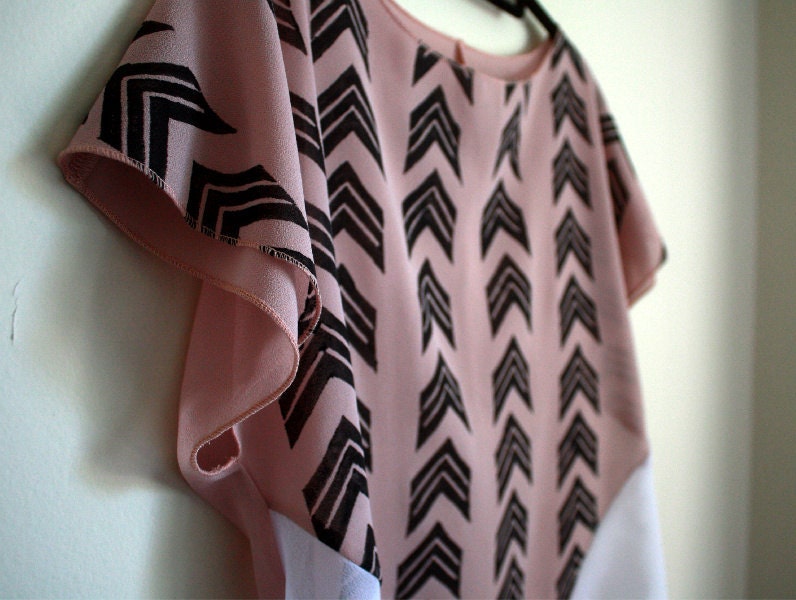 Handprinted Top, Sheer Blouse, Womens Shirt, Chevron Print tshirt