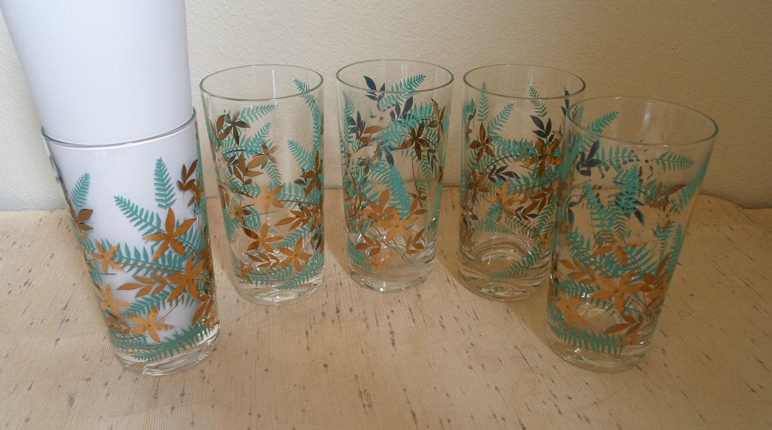 Vintage Mid Century Modern set of five Bar Glasses Turquoise and Gold Ferns and Flowers Barware Highball Glass Glassware