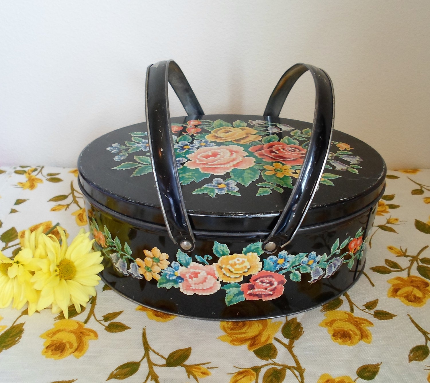 Vintage Tin Basket Sewing Basket Picnic Basket Faux Needlepoint Fowered Basket Shabby Chic Cottage Chic