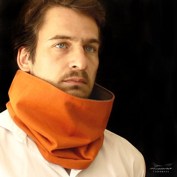 Loop Scarf Men Reversible - Orange Cotton and Brown Wool - Gifts for men - ONLY ONE LEFT
