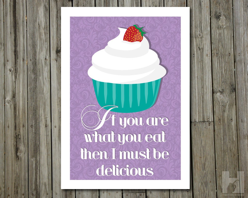 Kitchen Art - 8.3x11.7 - Cupcake Illustration - Damask Wallpaper - Delicious - Humorous Print - Strawberry - Whipped Cream - Purple