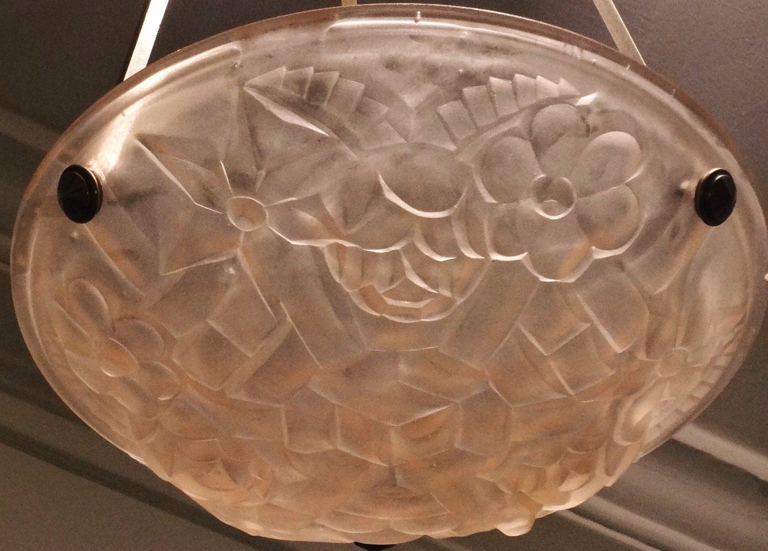 RESERVED FOR N, Please don't buy - Vintage Art Deco Light Fixture Signed Degue 1930s French Pale Pink Sublime Chrome Deco Motif
