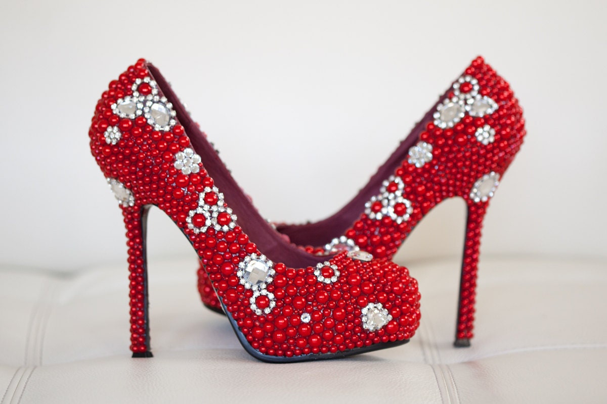 Red Bridal Shoes with Pearls and Rhinestones - goldsole