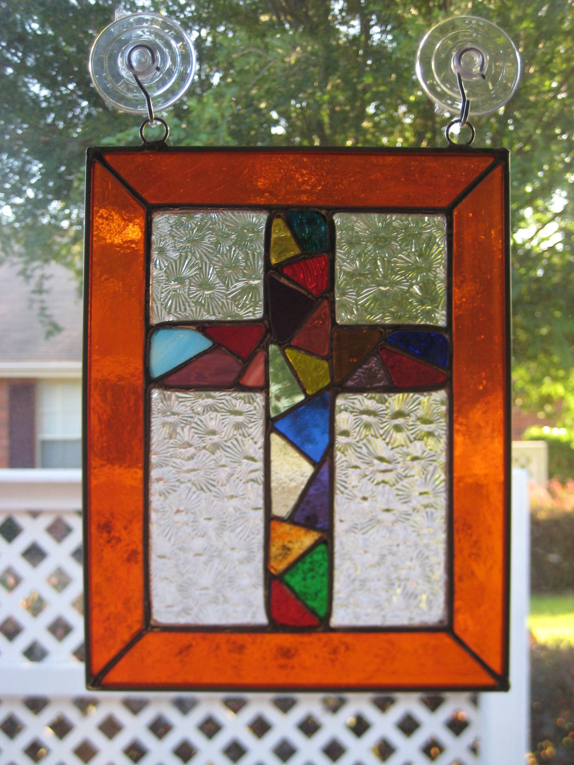 9"x7" Mosaic Cross Stained Glass Window Hanging