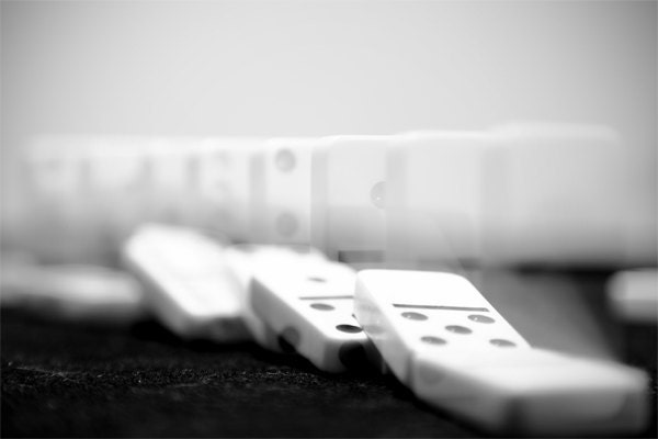 Falling Dominoes -- Black & White Photography, 4x6, game, life - simplecomplexities