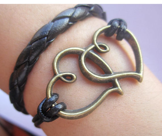 Bracelet--antique bronze heart bracelet& double leather
