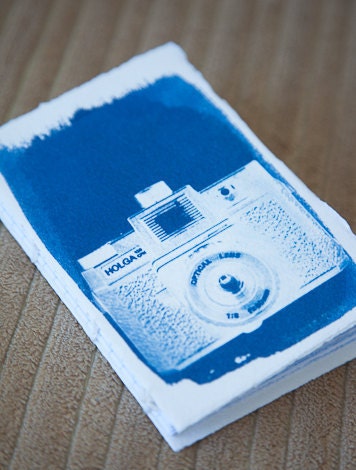 handmade journal with cyanotype of a holga