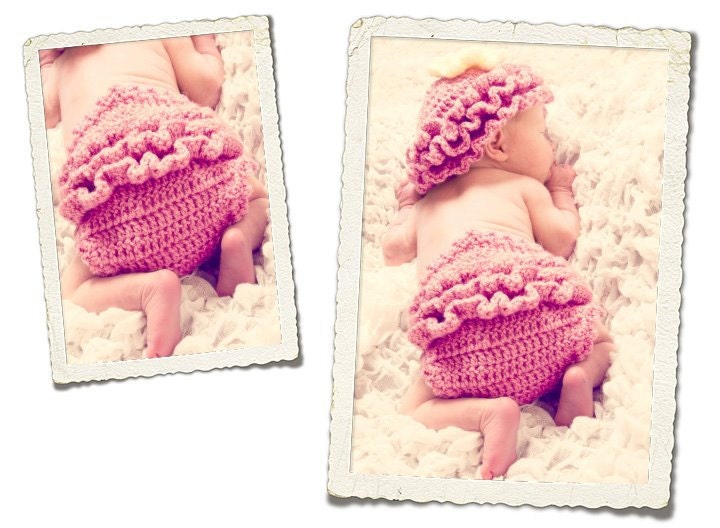 REDUCED Crochet Pink Ruffle Hat and Diaper Cover Set 10% Sale on all RTS Items