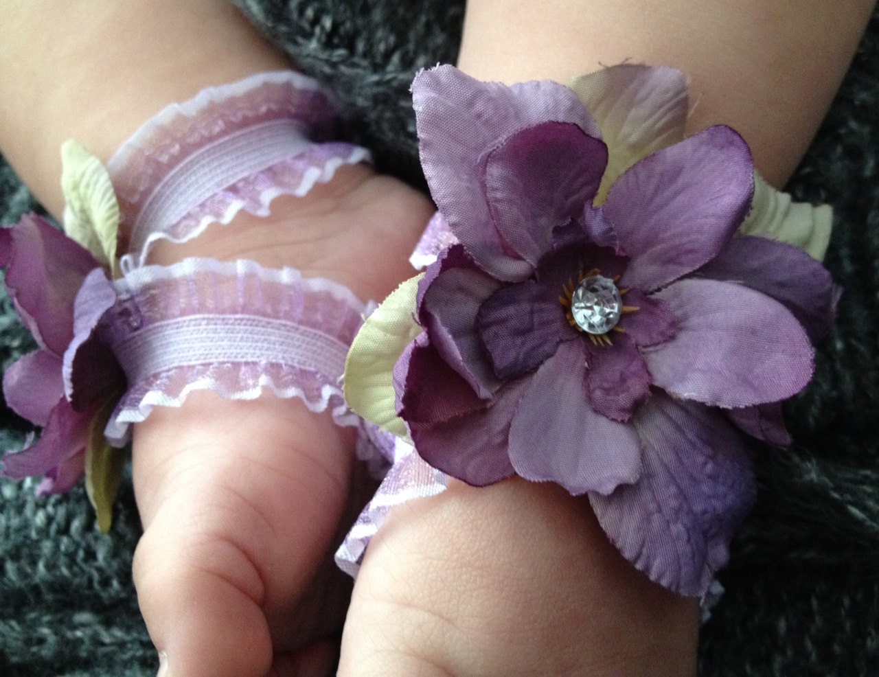 Barefoot Baby Sandals- Lavender Ribbon Sandals with Green and Purple ...