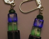 Earrings- Purple, Green, and Blue Glass Cube Pyramid