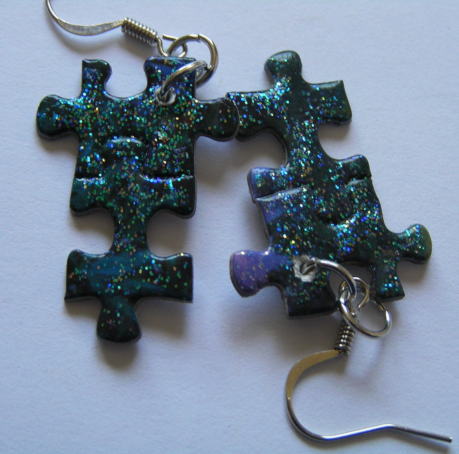 Dark Midnight Blue Puzzle Piece Earrings w Sparkly Finish