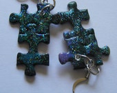 Dark Midnight Blue Puzzle Piece Earrings w Sparkly Finish