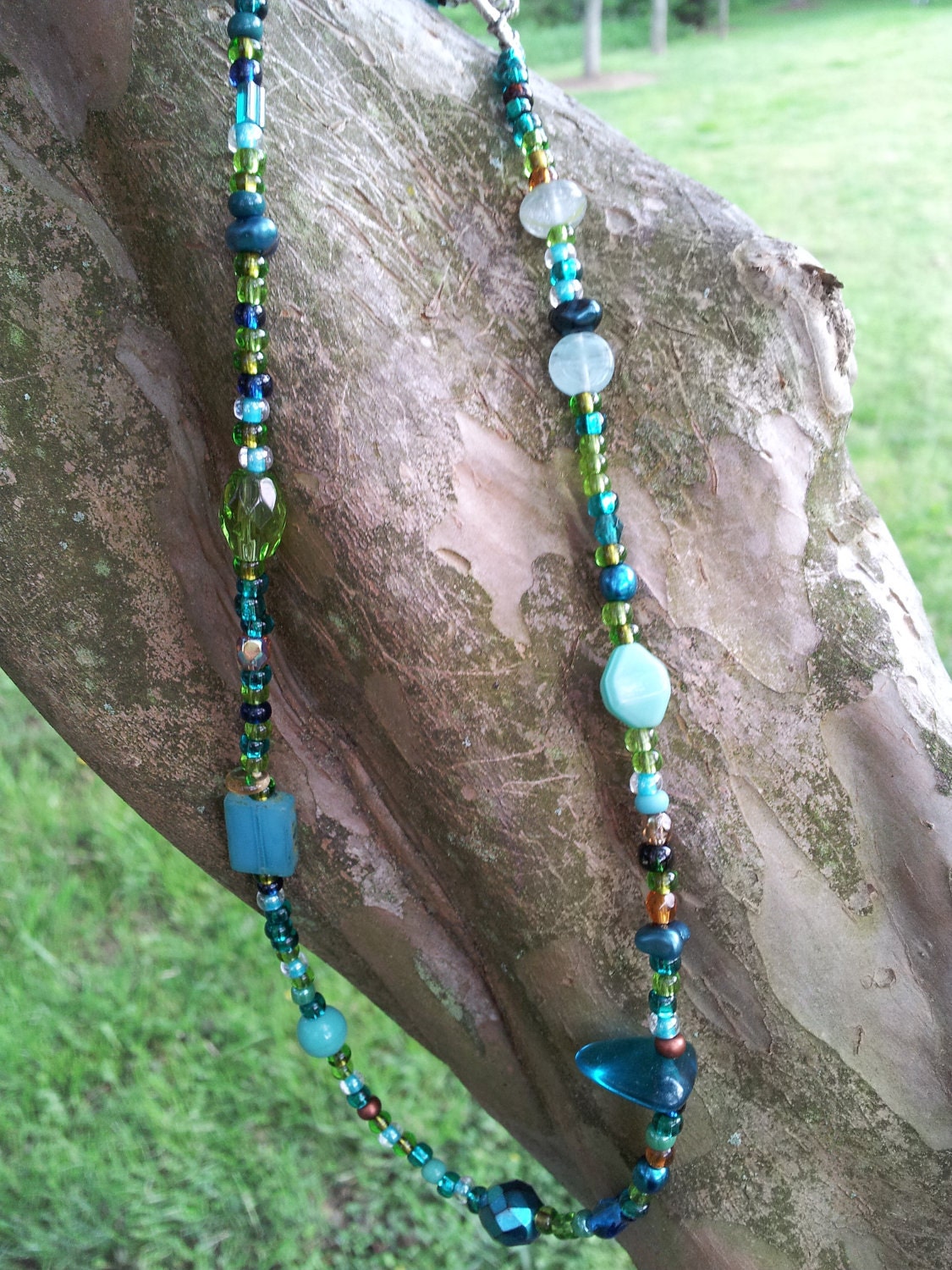 Sea Blue Czech Glass Bead Necklace with Silver Toggle Clasp