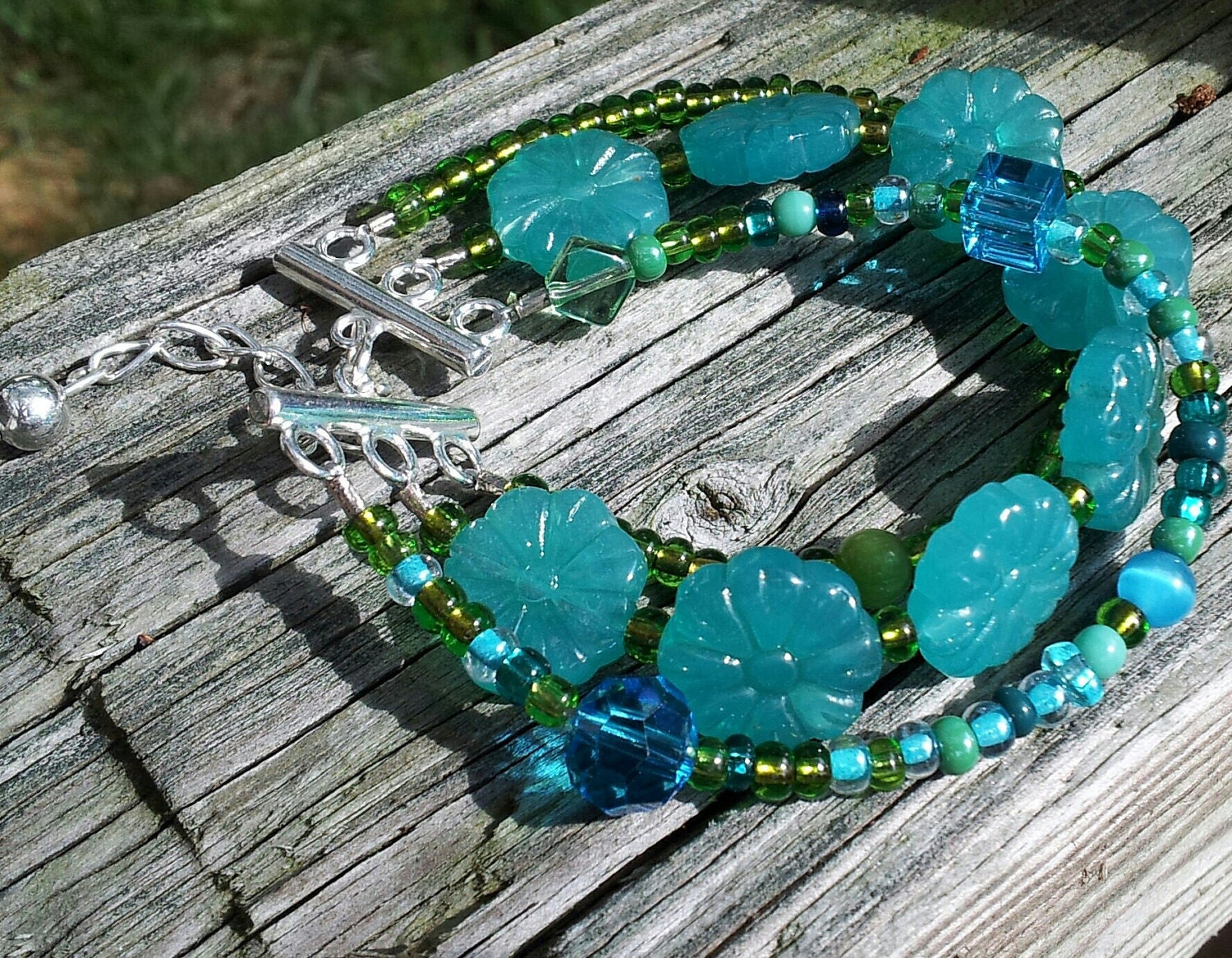 Glass Flower and Bead Bracelet...In Spring Blues and Greens